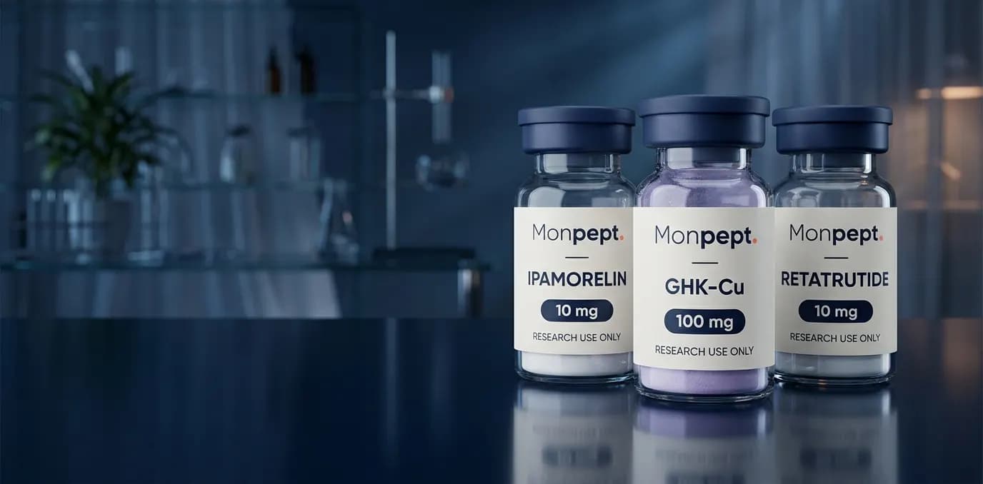 Flacons de recherche Monpept : Ipamorelin, GHK-Cu et Retatrutide